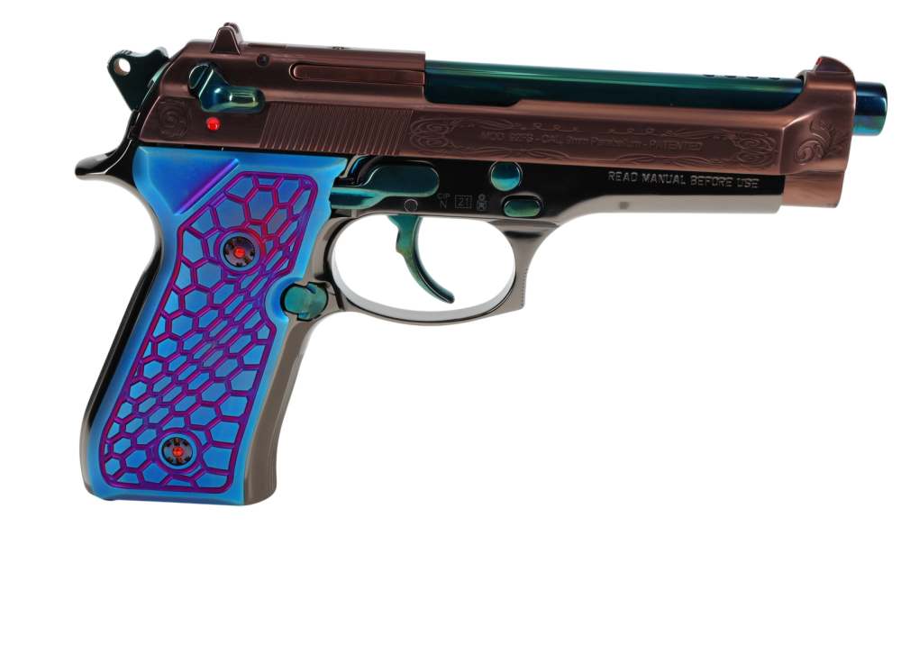 CUSTOM! Beretta 92FS Ported 9mm w/Blue & Bronze PVD Scrollwork Black Chrome-img-2