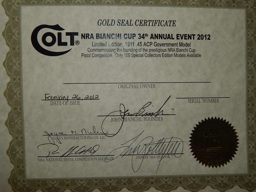 COLT 1911 GOVERMENT 45 ACP NRA BINACHI CUP W/DISPLAY CASE-img-6