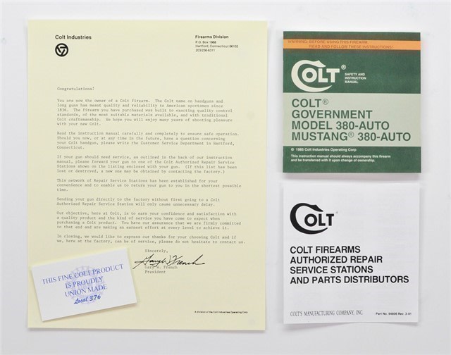 Colt Gov't Model 380-Auto, Mustang Manual 1985-img-0