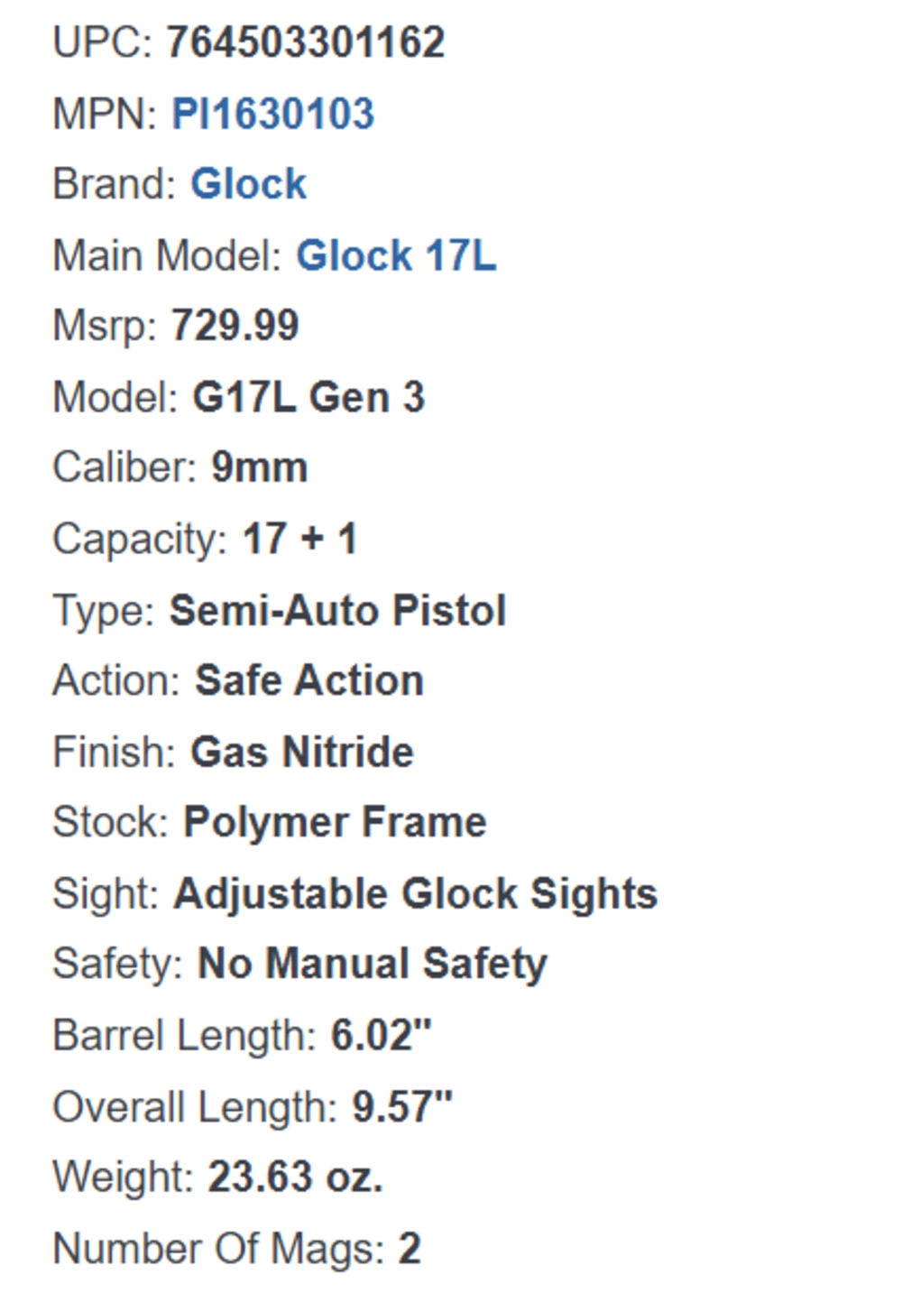 Glock 17L Gen 3 9mm Semi Auto Pistol 17+1 6.02 Inch Barrel x2 Magazines NIB-img-1