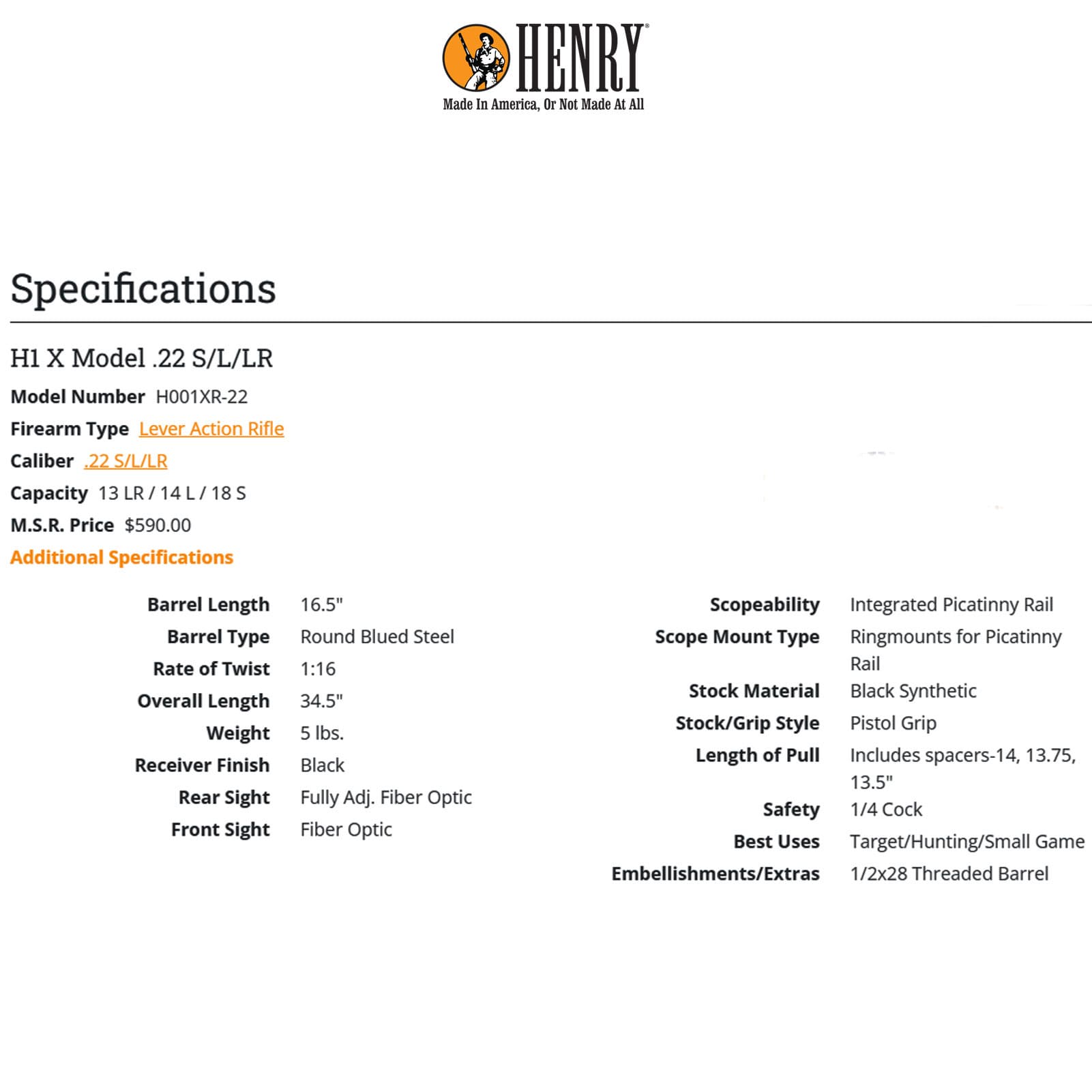 HENRY REPEATING ARMS H1 X Model .22LR 16.5in 13rd Lever-Action Rifle-img-1