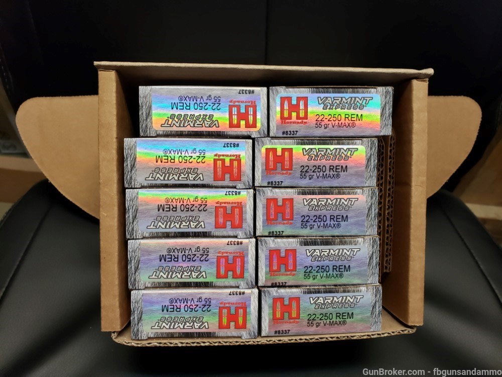 NEW! 200 RDS HORNADY VARMINT EXPRESS .22-250 REM 55 V-MAX REMINGTON 8337-img-1