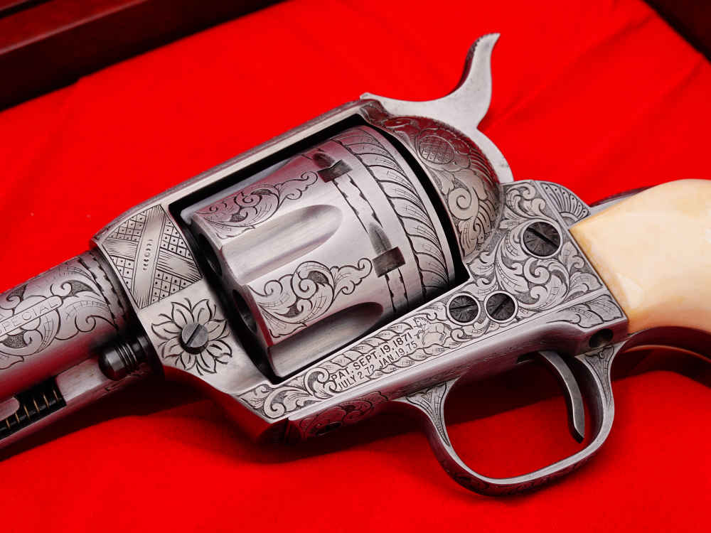 MASTER ENGRAVED 2ND GEN. 1957 COLT SAA .38 S&W SPECIAL FRENCH GREY W/ IVORY-img-9