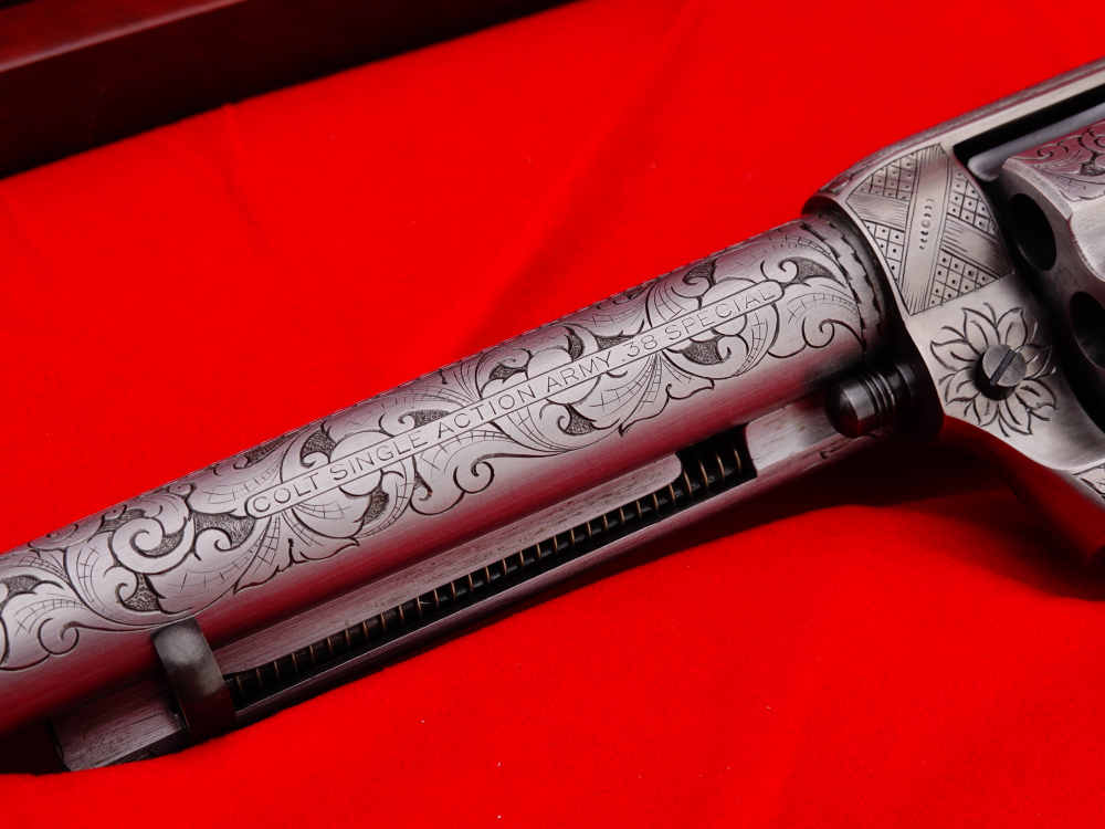MASTER ENGRAVED 2ND GEN. 1957 COLT SAA .38 S&W SPECIAL FRENCH GREY W/ IVORY-img-8