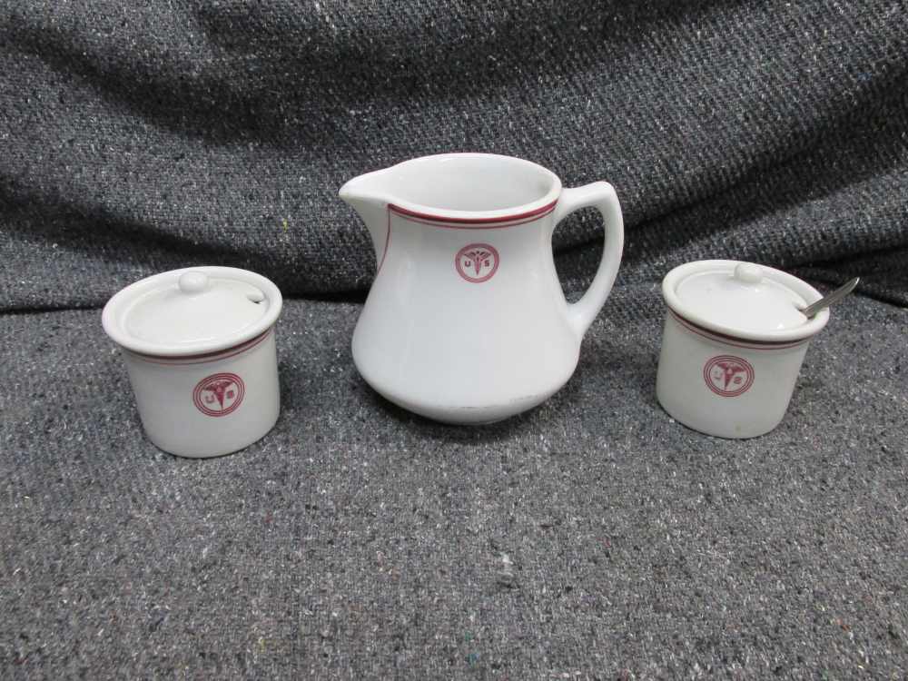 3 PIECES VINTAGE 1930'S-1950'S U.S. ARMY MEDICAL CORPS MESS CREAMER, SUGARS-img-0