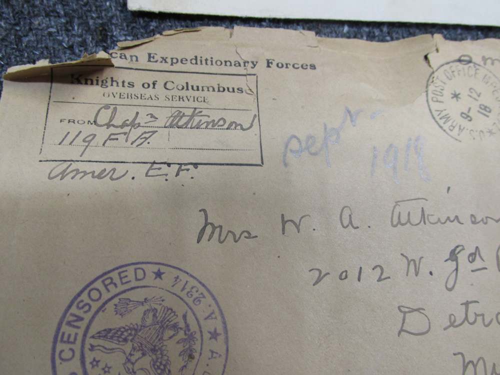 LOT OF WWI KNIGHTS OF COLUMBUS "WAR ACTIVITIES" LETTERS, ENVELOPES, PATCHES-img-1