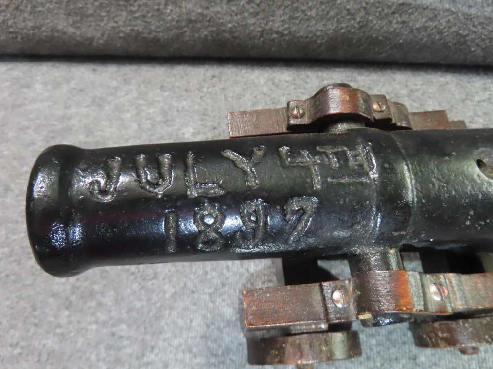 ANTIQUE CAST IRON .75 CALIBER CANNON MARKED "JULY 4th 1897" ON BARREL-img-1