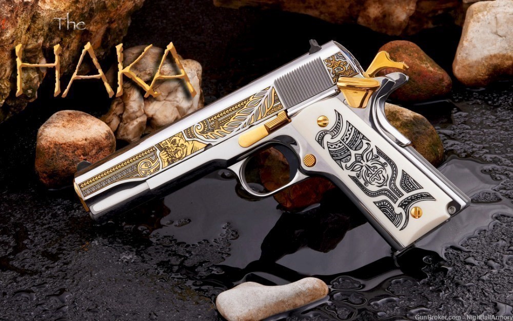 Colt The HAKA 1911 5" Govt .38 Super SS custom Pistol 24k Gold 200 made !-img-0