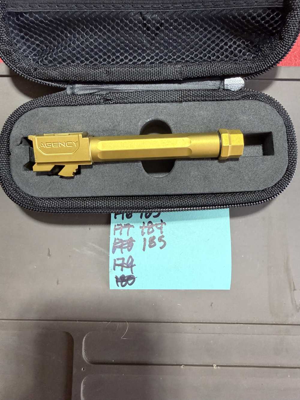 185. Agency Arms Glock 19 Gen 3/4 Gold TiN Threaded Barrel 1/2x28 – Unfired-img-0