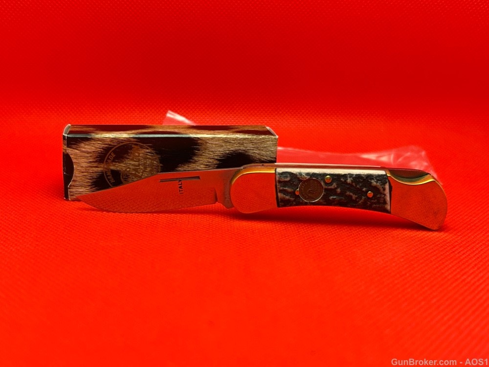 Vintage 1980’s Falcon Italy Handmade Small Stag Lock Back Pocket Knife NOS-img-0