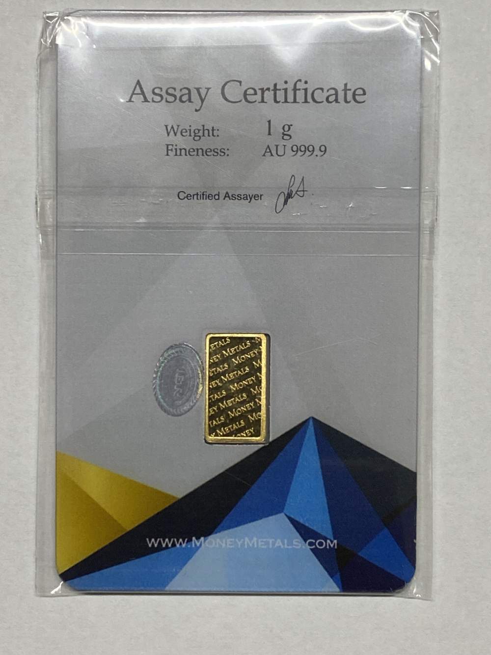 1 gram Fine Gold Money Metals  Sealed, Assay Certificate -img-1