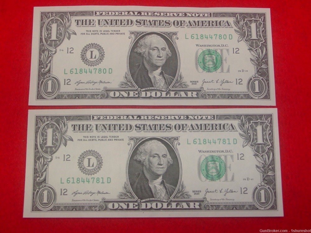 2021 S Uncirculated One Dollar Bills $1 Notes Consecutive Serial Numbers-img-0