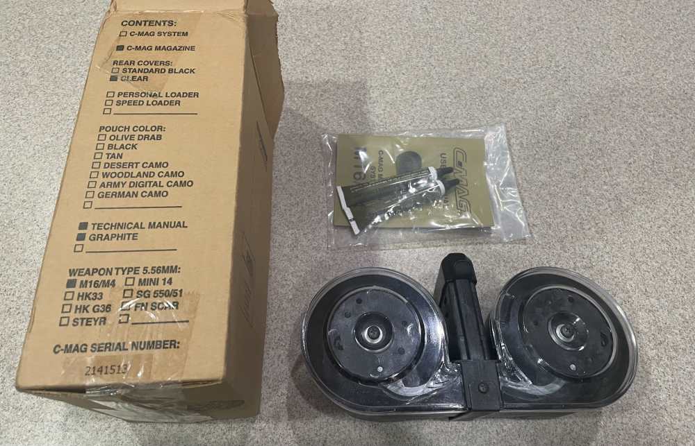 AR-15 M16 Beta C-MAG 100 Rd. 5.56 NATO Clear Cover Dual Drum Mag Graphite-img-0