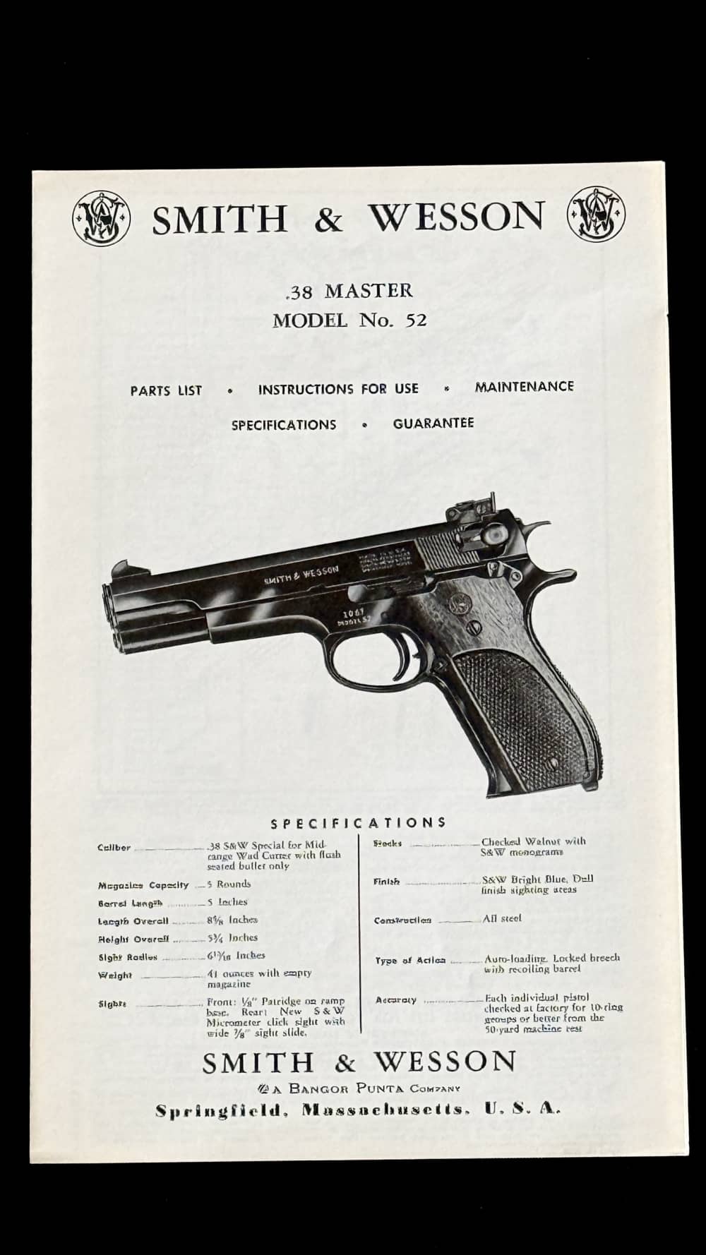SMITH & WESSON MODEL 52 * 38 MASTER UNISSUED MANUAL * DOCUMENTS CIRCA  1973-img-2