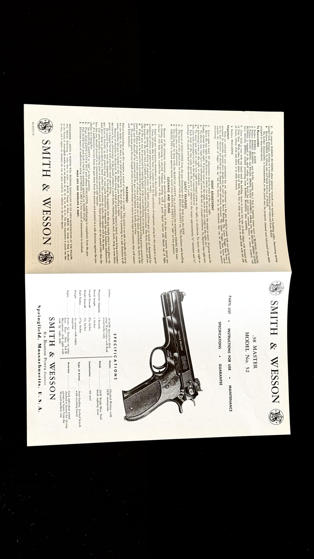 SMITH & WESSON MODEL 52 * 38 MASTER UNISSUED MANUAL * DOCUMENTS CIRCA  1973-img-3