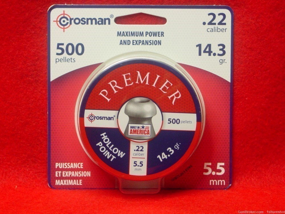 Crosman Premier .22 CAL. Pellet Hollow Point 500 ROUNDS 14.3G. Lead Pellets-img-0