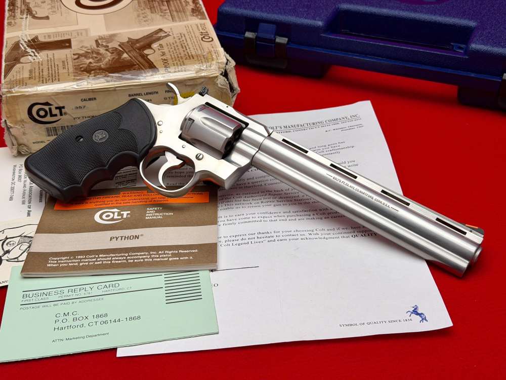 1995 Colt Python 8" Vent Rib .357 Magnum Factory Stainless Finish In Box!-img-5