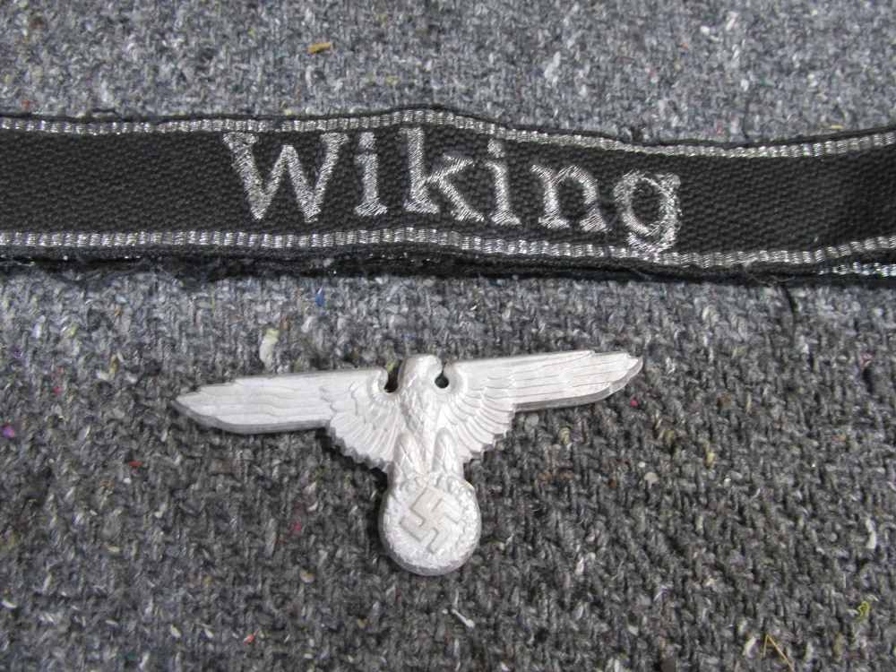 5-PIECE WWII GERMAN CUFF TITLED, BADGES, CAP EAG, SS, ALL VINTAGE REPRO-img-5