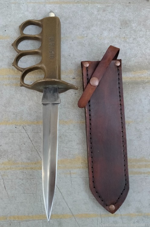 WW1 WW2 Trench Brass Knuckle 1918 Fighting Knife Leather Sheath CD-img-0