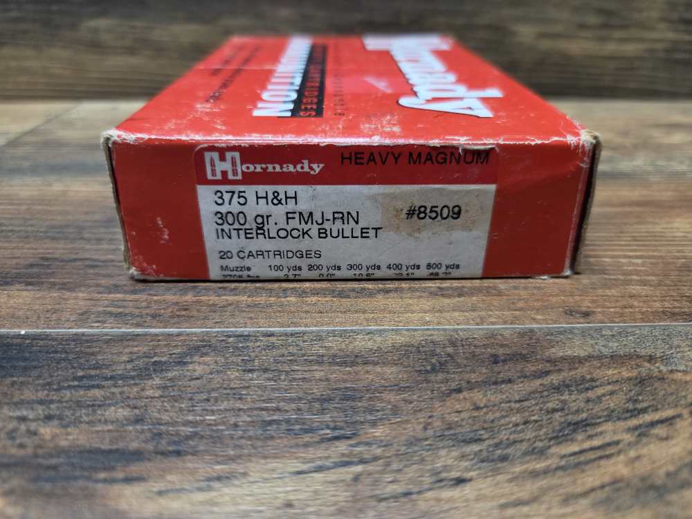 20 Rds Hornady 375 H&H Magnum 300 Gr FMJ-RN Interlock #8509 Ammunition-img-0