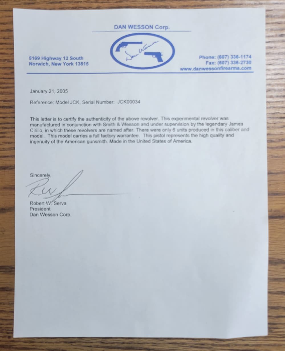 Dan Wesson Certificate of Authenticity - J.C. Series - .22 LR-img-0