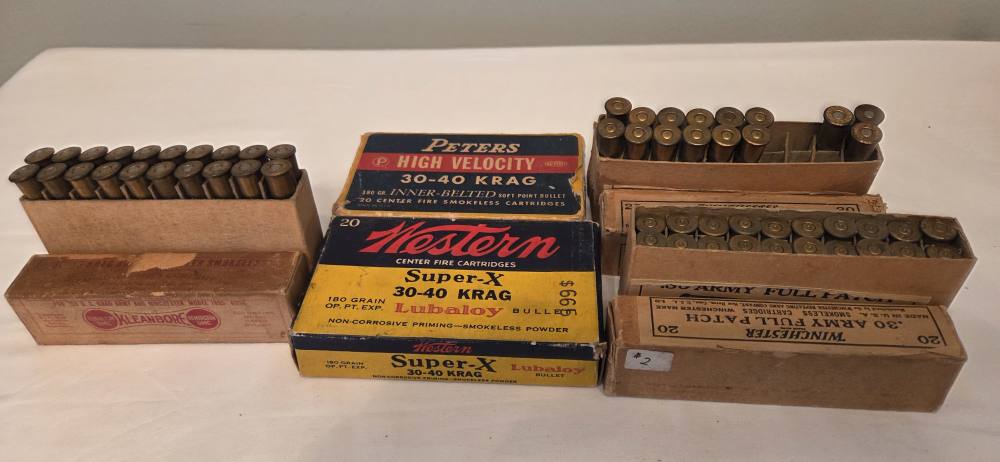 Vintage .30-40 Krag Ammunition Lot – 95 Rounds – 5 Boxes, 4 Makers-img-1