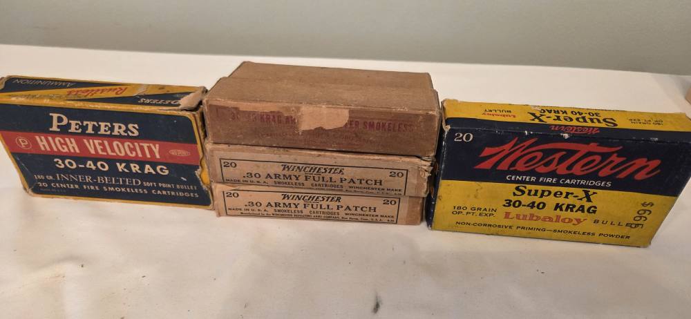 Vintage .30-40 Krag Ammunition Lot – 95 Rounds – 5 Boxes, 4 Makers-img-0