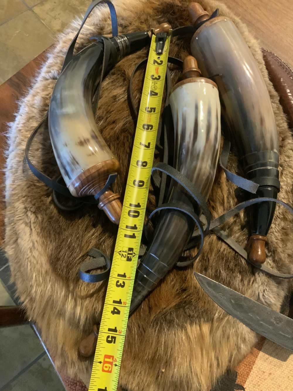 Powder horn, real horn, black powder, approximately 12” length-img-3