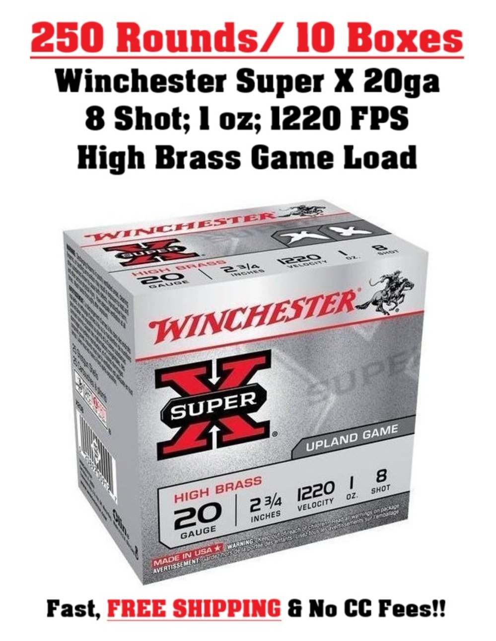 250 Rds Winchester Super X 20 ga gauge High Brass Upland Game Loads 8 Shot -img-0