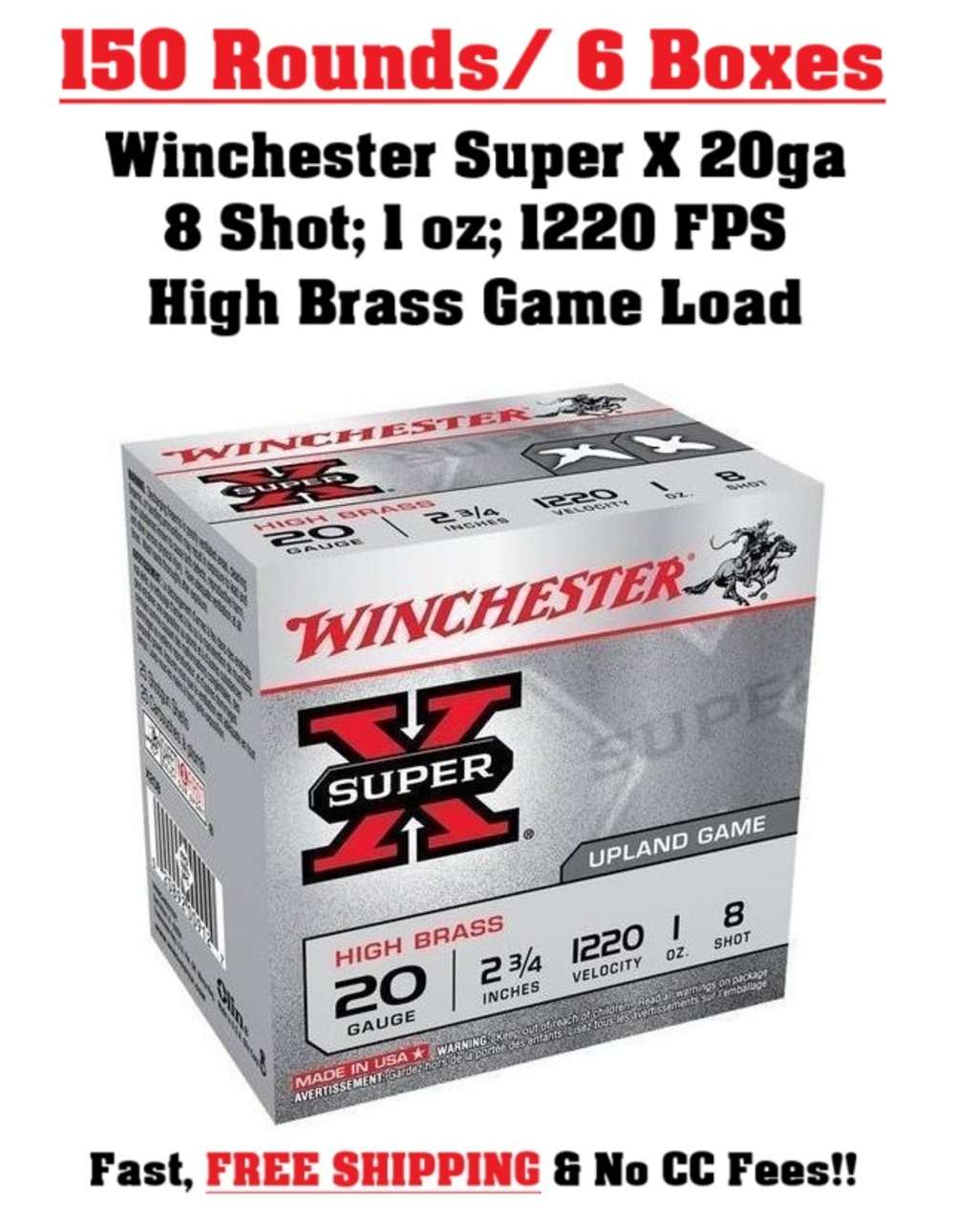 150 Rds Winchester Super X 20 ga gauge High Brass Upland Game Loads 8 Shot -img-0