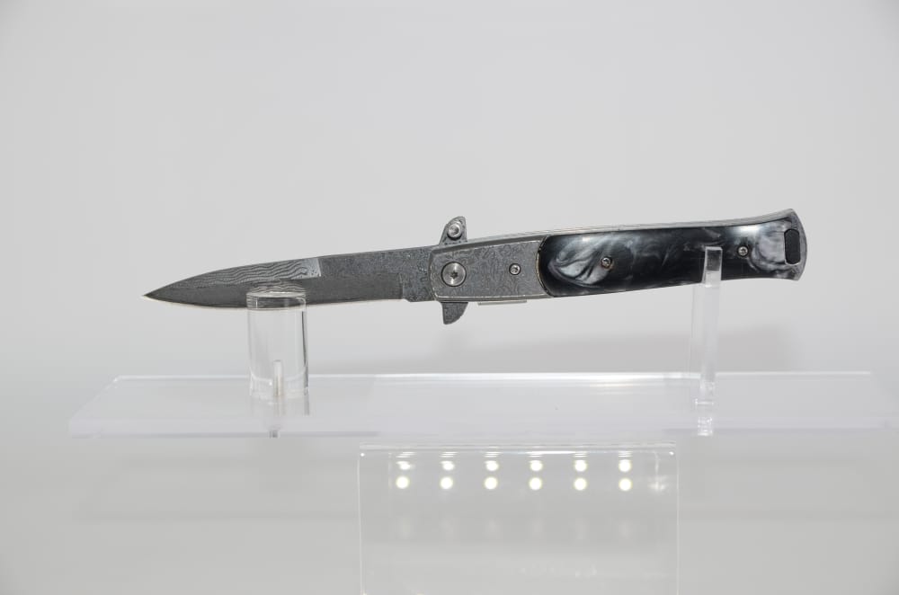 Stiletto Damascus Acid Edge Open-Assist Knife w/ Black Pearl Handle-img-0