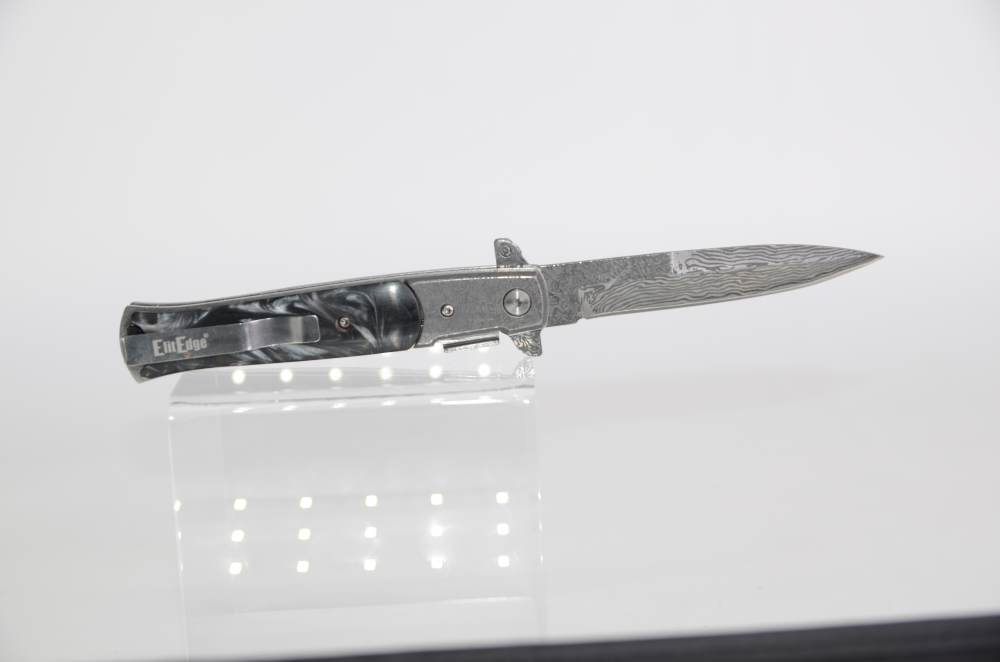 Stiletto Damascus Acid Edge Open-Assist Knife w/ Black Pearl Handle-img-1
