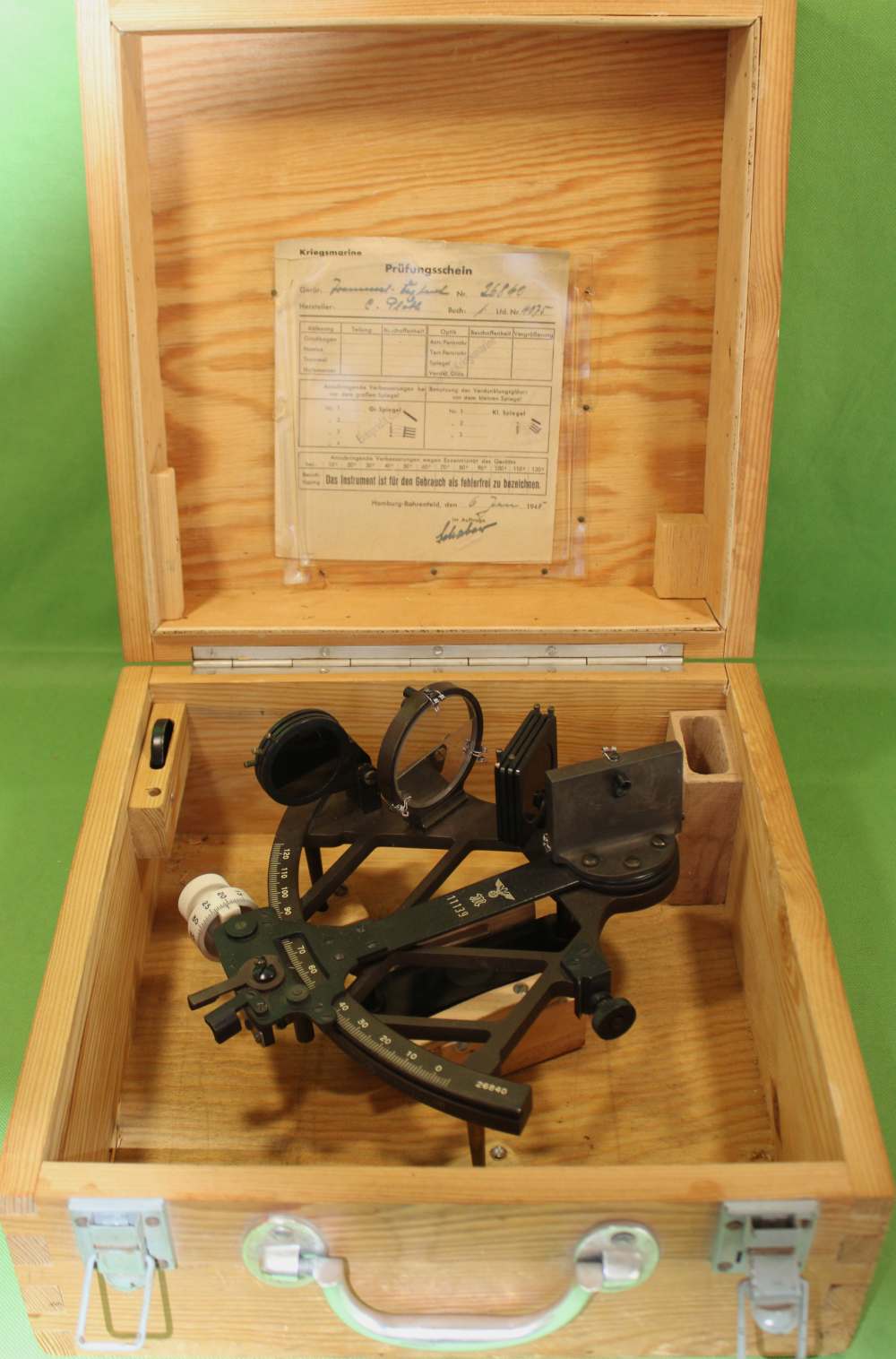 World War 2 German Navy Kriegsmarine Drum Sextant w/ Box & Inspection Form-img-0