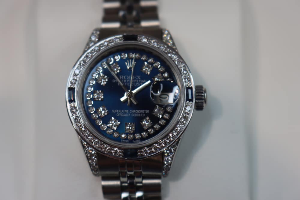 Rolex Ladies Datejust Watch Custom Natural Diamond Blue Dial Jubilee 26mm-img-3
