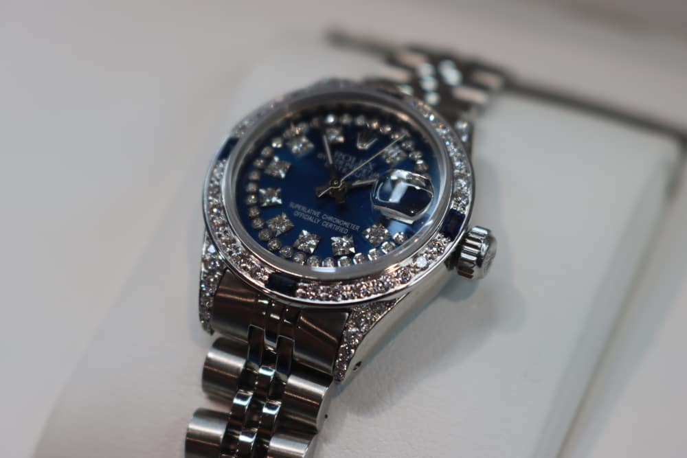 Rolex Ladies Datejust Watch Custom Natural Diamond Blue Dial Jubilee 26mm-img-4