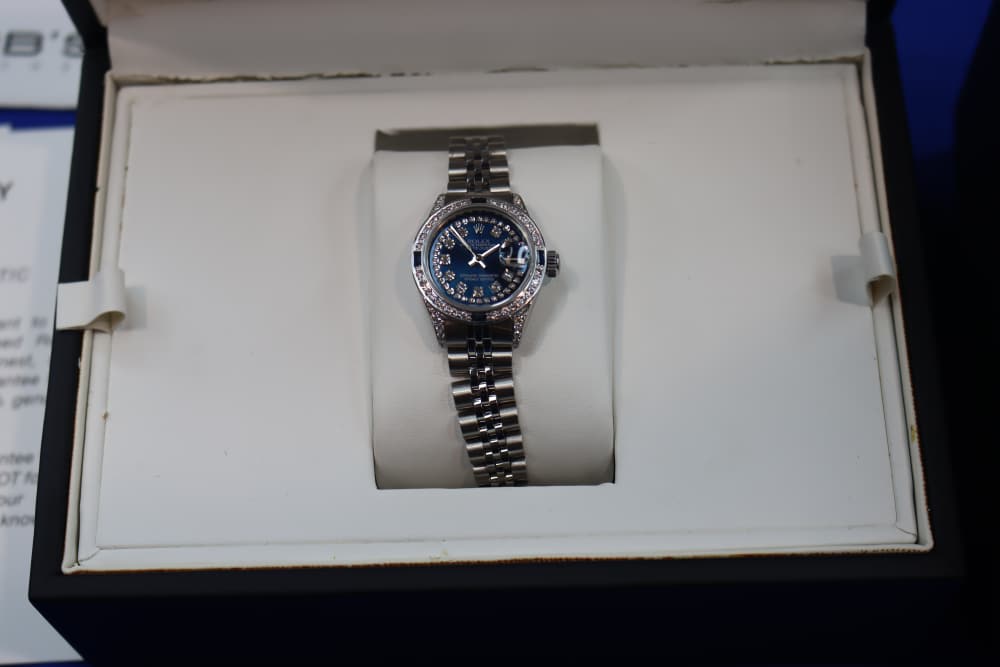Rolex Ladies Datejust Watch Custom Natural Diamond Blue Dial Jubilee 26mm-img-1