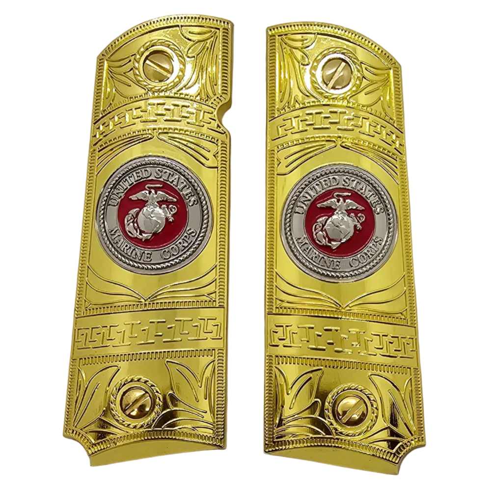 1911 Full Size Gold Metal Grips USMC Emblem w/ Ambi Cut + Matching Screws-img-0