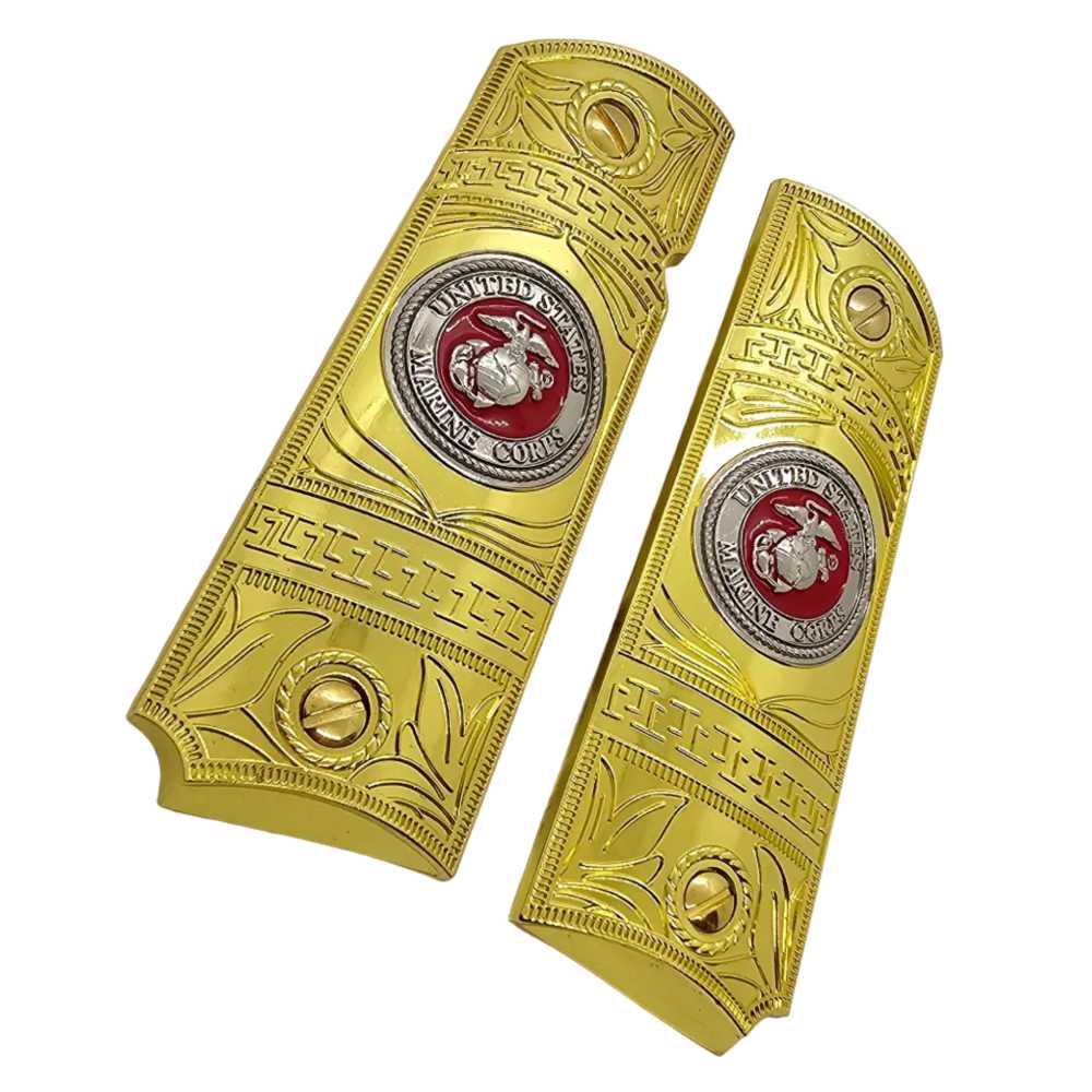 1911 Full Size Gold Metal Grips USMC Emblem w/ Ambi Cut + Matching Screws-img-2