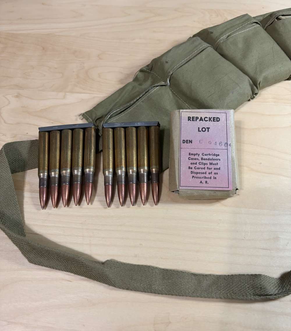 60 rounds .30-06 M2 Ball 5 rd clips in Bandoleer Denver Ordnance Plant 1943-img-1