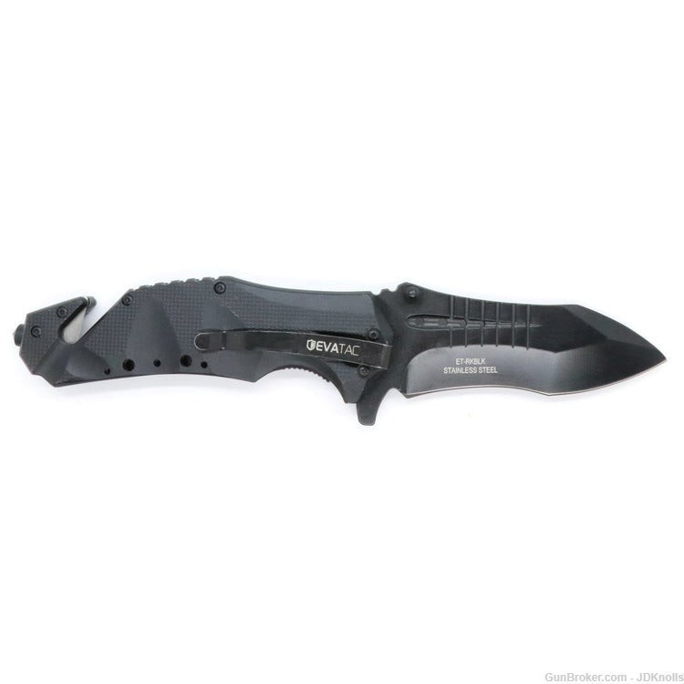 EvaTac Rescue Knife BLACKOUT 4.7" Stainless Blade w/GlassBreaker&Cutter-img-1
