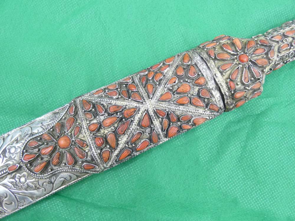 ANTIQUE TURKISH OTTOMAN KINDJAL DAGGER SILVER CORALS 18th Century Sword -img-7