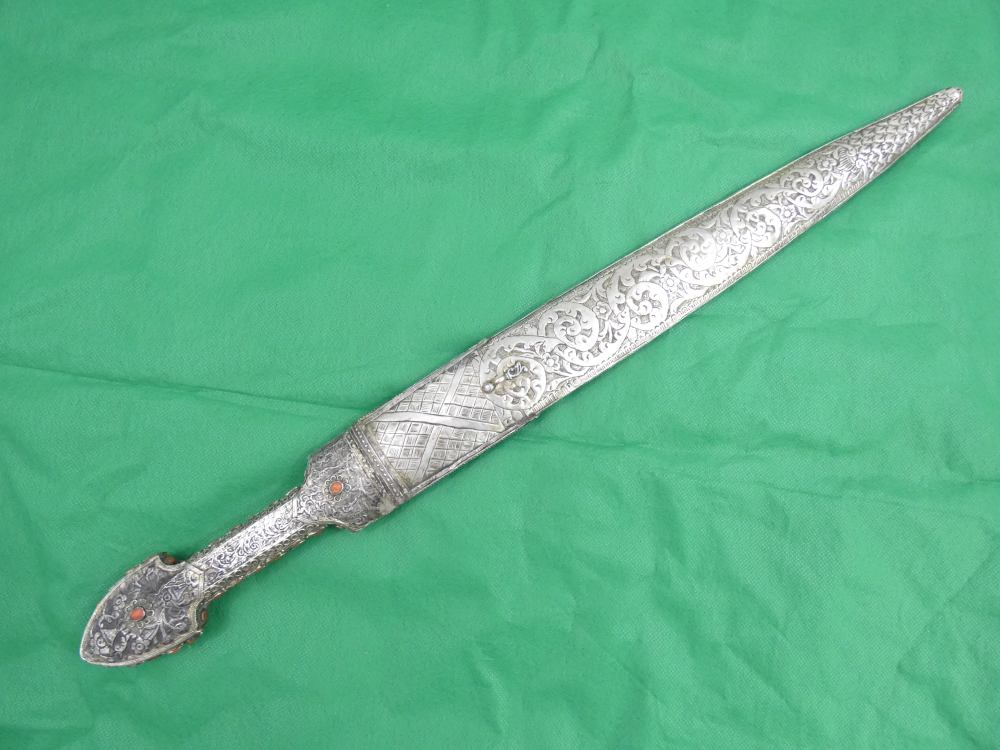 ANTIQUE TURKISH OTTOMAN KINDJAL DAGGER SILVER CORALS 18th Century Sword -img-4