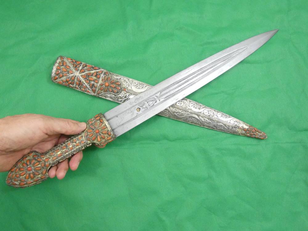 ANTIQUE TURKISH OTTOMAN KINDJAL DAGGER SILVER CORALS 18th Century Sword -img-23