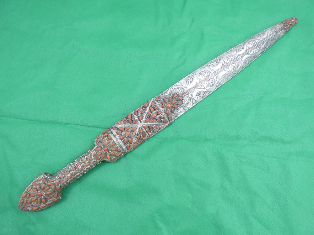 ANTIQUE TURKISH OTTOMAN KINDJAL DAGGER SILVER CORALS 18th Century Sword -img-3