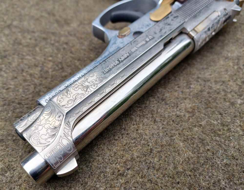 Beautiful Custom Engraved Beretta M9-9mm-Wood Grips-Gold Accents-92FS-img-16