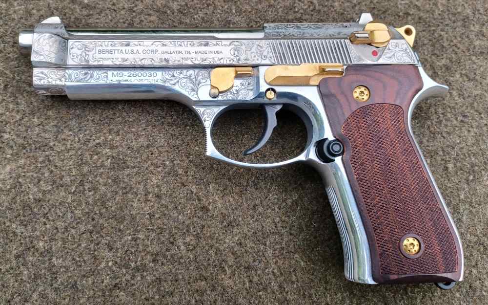 Beautiful Custom Engraved Beretta M9-9mm-Wood Grips-Gold Accents-92FS-img-0