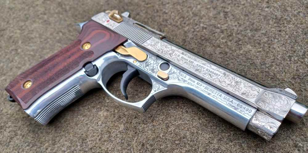Beautiful Custom Engraved Beretta M9-9mm-Wood Grips-Gold Accents-92FS-img-14