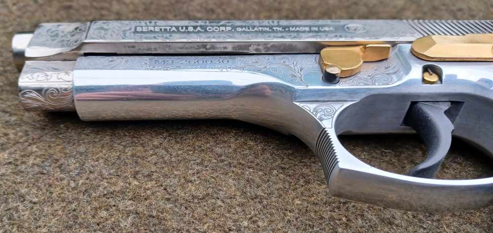 Beautiful Custom Engraved Beretta M9-9mm-Wood Grips-Gold Accents-92FS-img-5