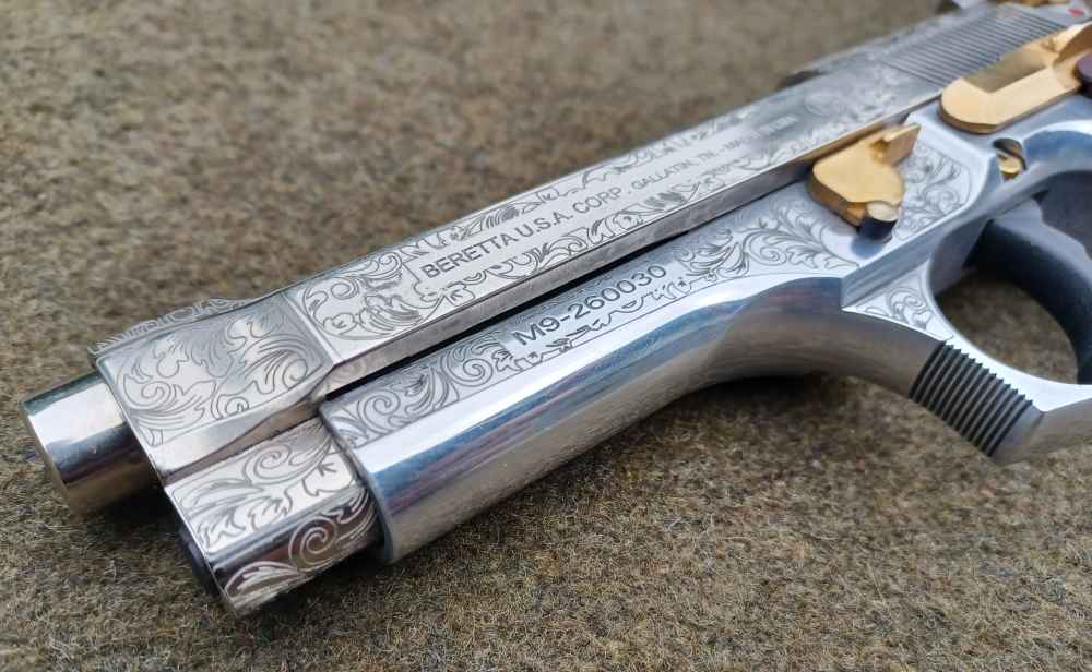 Beautiful Custom Engraved Beretta M9-9mm-Wood Grips-Gold Accents-92FS-img-3