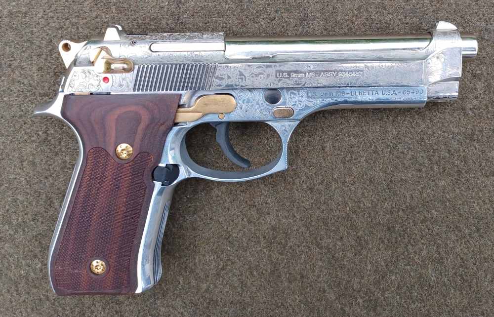 Beautiful Custom Engraved Beretta M9-9mm-Wood Grips-Gold Accents-92FS-img-1
